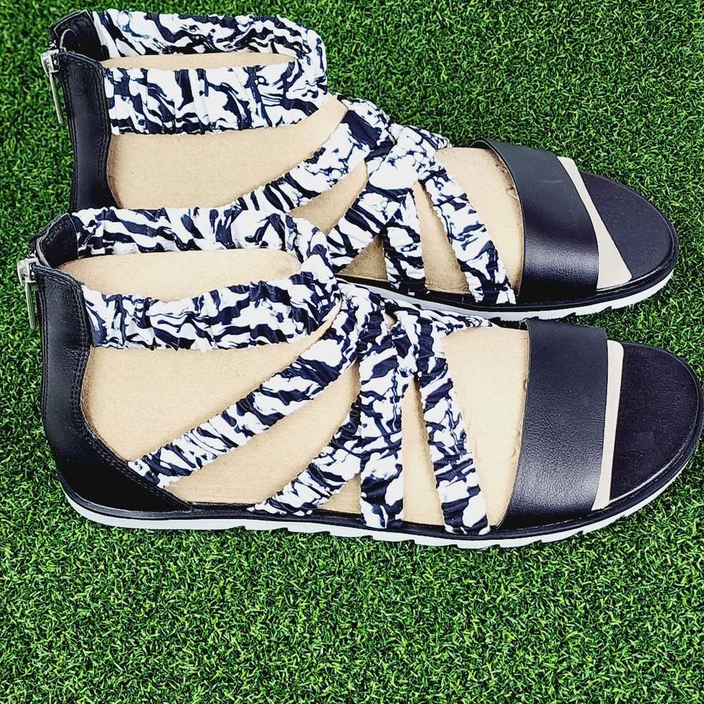 Women's Sorel Sandals Ella II Ankle Strap Heel Zipper Black White New with Box
